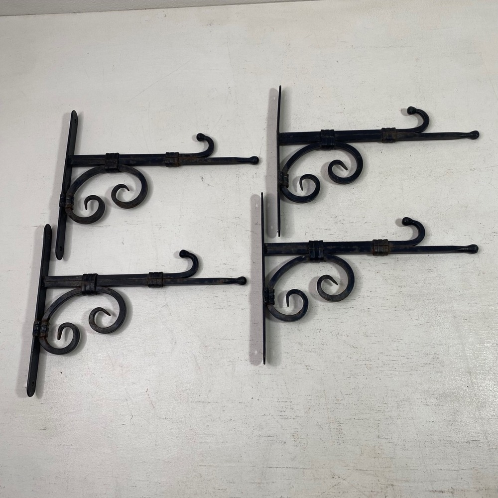 Vintage Wrought Iron Scroll Hanging Plant Brackets Black Set of 4 9 Inch Depth